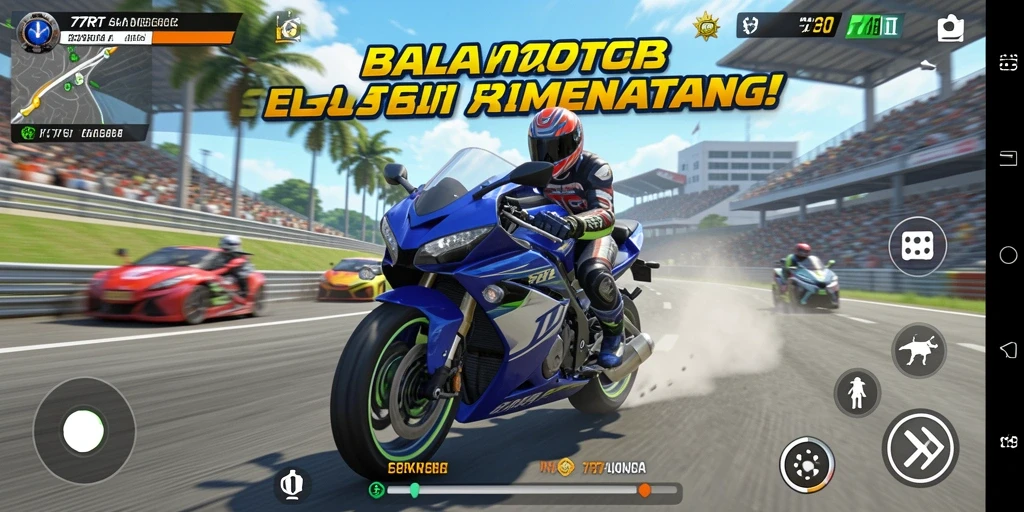 Screenshot gameplay 77RT menampilkan aksi balap motor yang mendebarkan.
