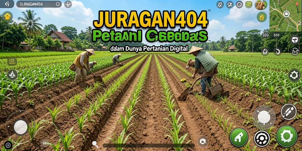 Screenshot gameplay JURAGAN404 menampilkan kebun yang subur dengan berbagai tanaman.