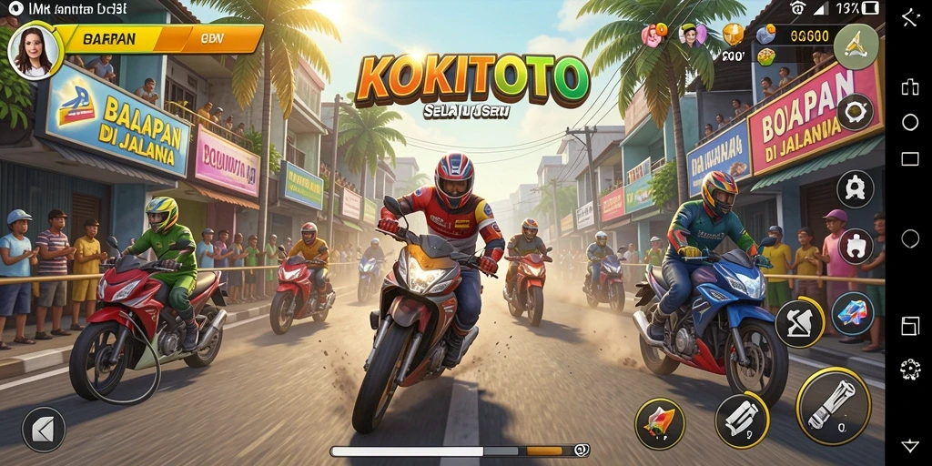 Gameplay seru KOKITOTO dengan mobil balap di lintasan.