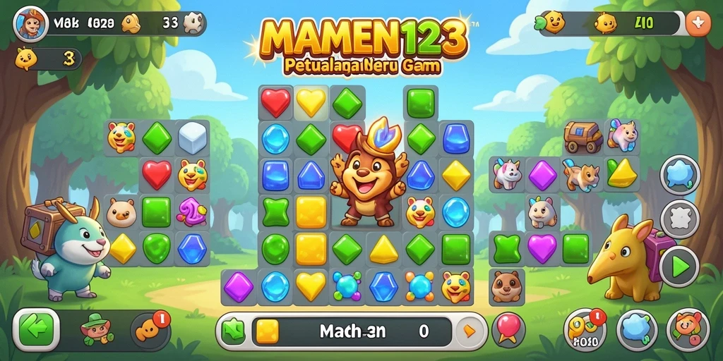 Screenshot MAMEN123 menampilkan gameplay seru mencocokkan permata.