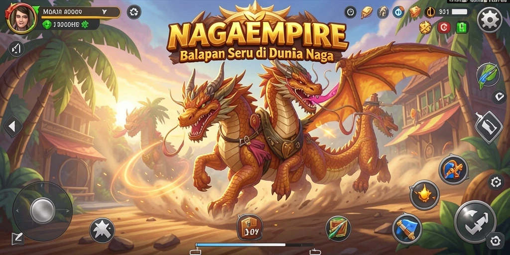 Screenshot NAGAEMPIRE menunjukkan balapan seru dengan naga dan trek yang indah.