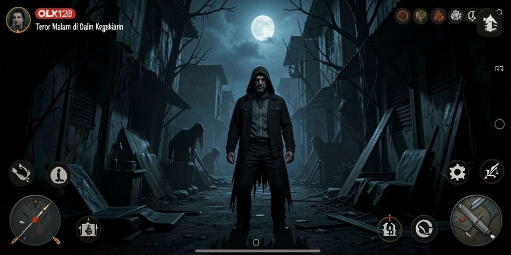 Screenshot gameplay OLX128 menampilkan suasana menegangkan di lokasi angker.