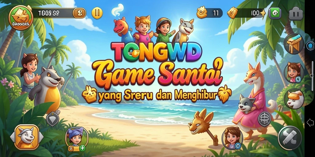 Tampilan gameplay TONGWD dengan warna-warna cerah dan interaktivitas tinggi.