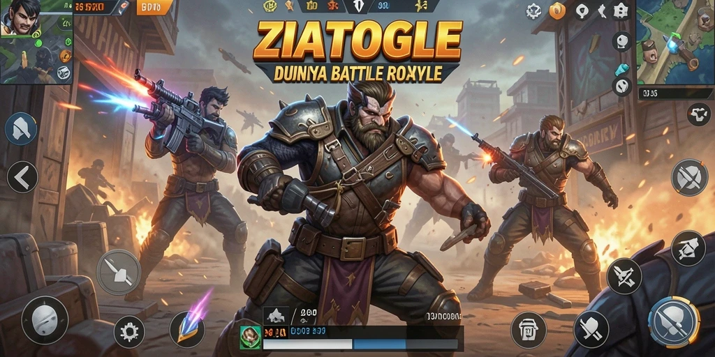 Screenshot gameplay ZIATOGEL menampilkan pertempuran intens di pulau.